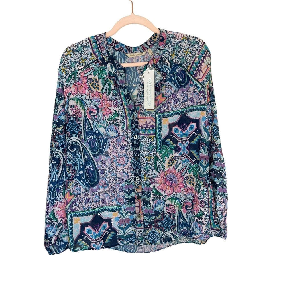 Soft Surroundings Womens Amelie Top Size M Floral Beaded Button Up Art To Wear